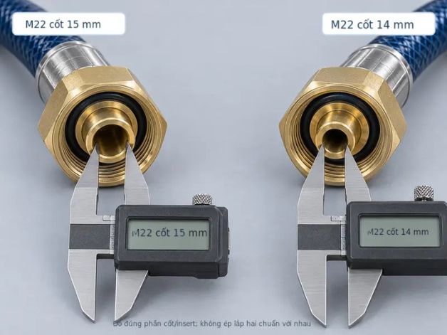 so sánh đầu nối M22 cốt 14mm và M22 cốt 15mm dây phun áp lực