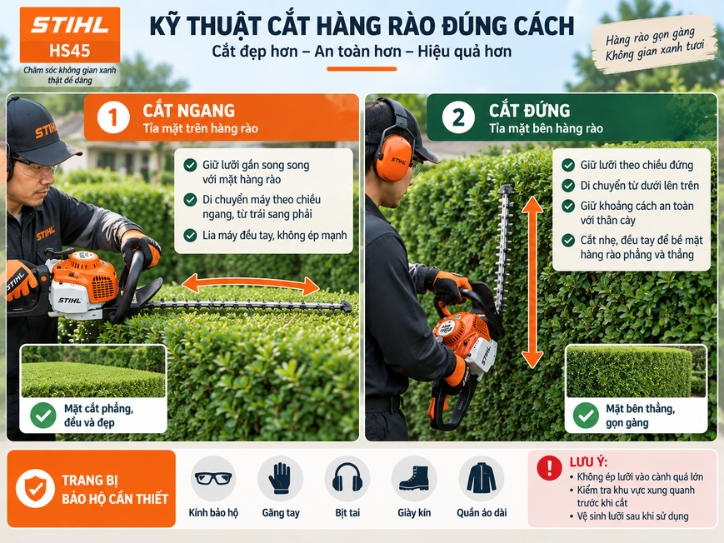 Hướng dẫn kỹ thuật cắt ngang và cắt đứng hàng rào bằng Stihl HS45