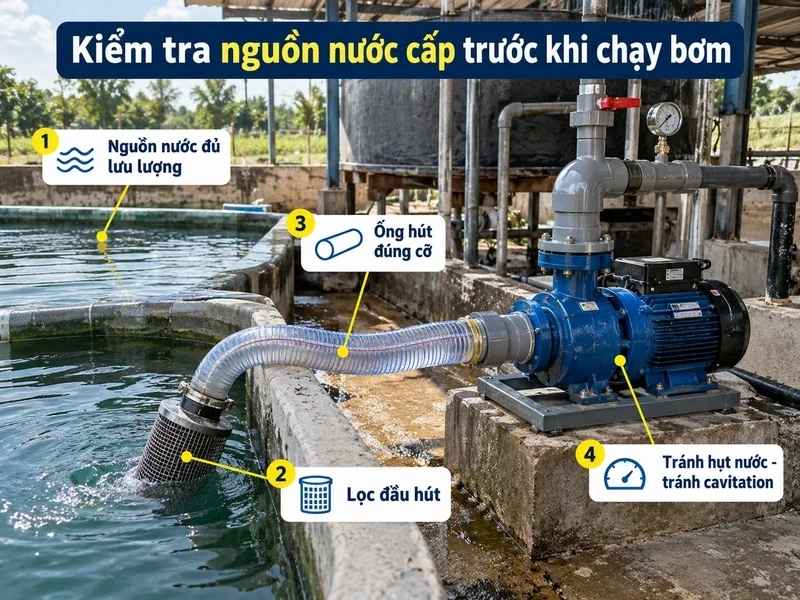 Hệ thống đầu bơm công nghiệp với bể cấp nước, bộ lọc đầu hút và đường ống hút nước đúng kích thước