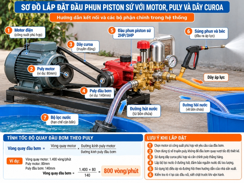 Sơ đồ lắp đặt đầu phun piston sứ với motor điện, puly, dây curoa, đường hút nước và đường hồi