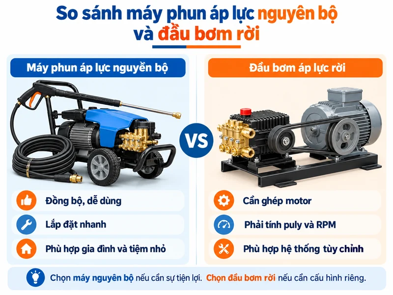 So sánh máy phun áp lực nguyên bộ và đầu bơm áp lực rời cần ghép motor, puly và dây curoa