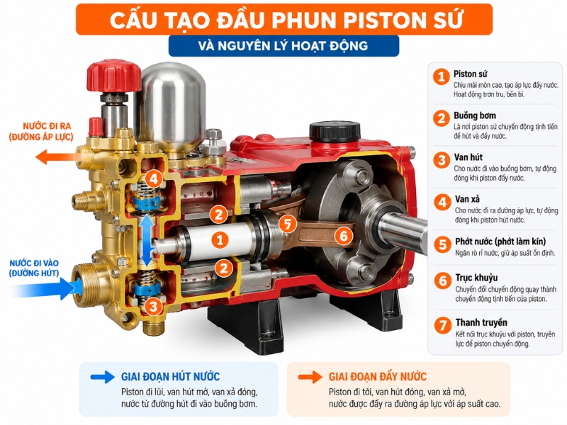 Sơ đồ cấu tạo đầu phun piston sứ gồm piston, buồng bơm, van hút, van xả, phớt nước và trục khuỷu