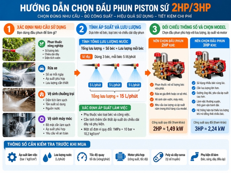 Infographic hướng dẫn 3 bước chọn đầu phun piston sứ 2HP hoặc 3HP theo nhu cầu, áp suất và lưu lượng