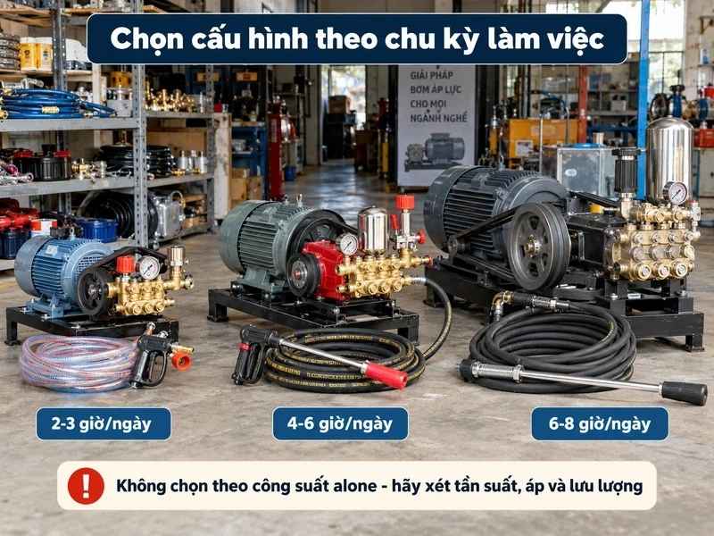 Các hệ thống đầu phun áp lực công nghiệp lắp motor và dây đai, minh họa lựa chọn theo tần suất sử dụng
