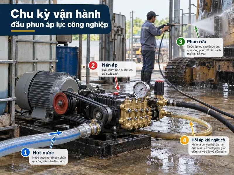 Chu kỳ vận hành đầu phun áp lực công nghiệp với hệ thống hút nước, tạo áp, phun rửa và hồi nước khi nhả cò