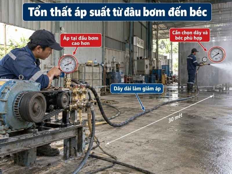 Kỹ thuật viên kiểm tra áp suất đầu bơm và tổn thất áp suất qua dây dẫn dài 30 mét đến béc phun (3)
