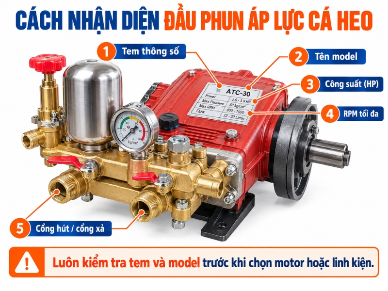 Minh họa cách nhận diện đầu phun áp lực Cá Heo qua tem thông số, mã model, công suất HP và tốc độ RPM