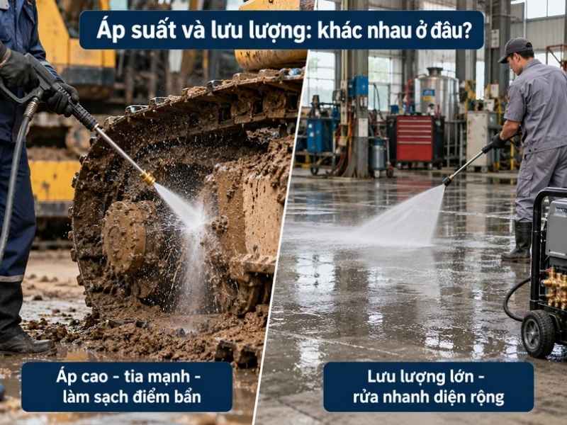 So sánh ứng dụng áp suất cao làm sạch bùn đất máy công trình và lưu lượng lớn vệ sinh sàn nhà xưởng