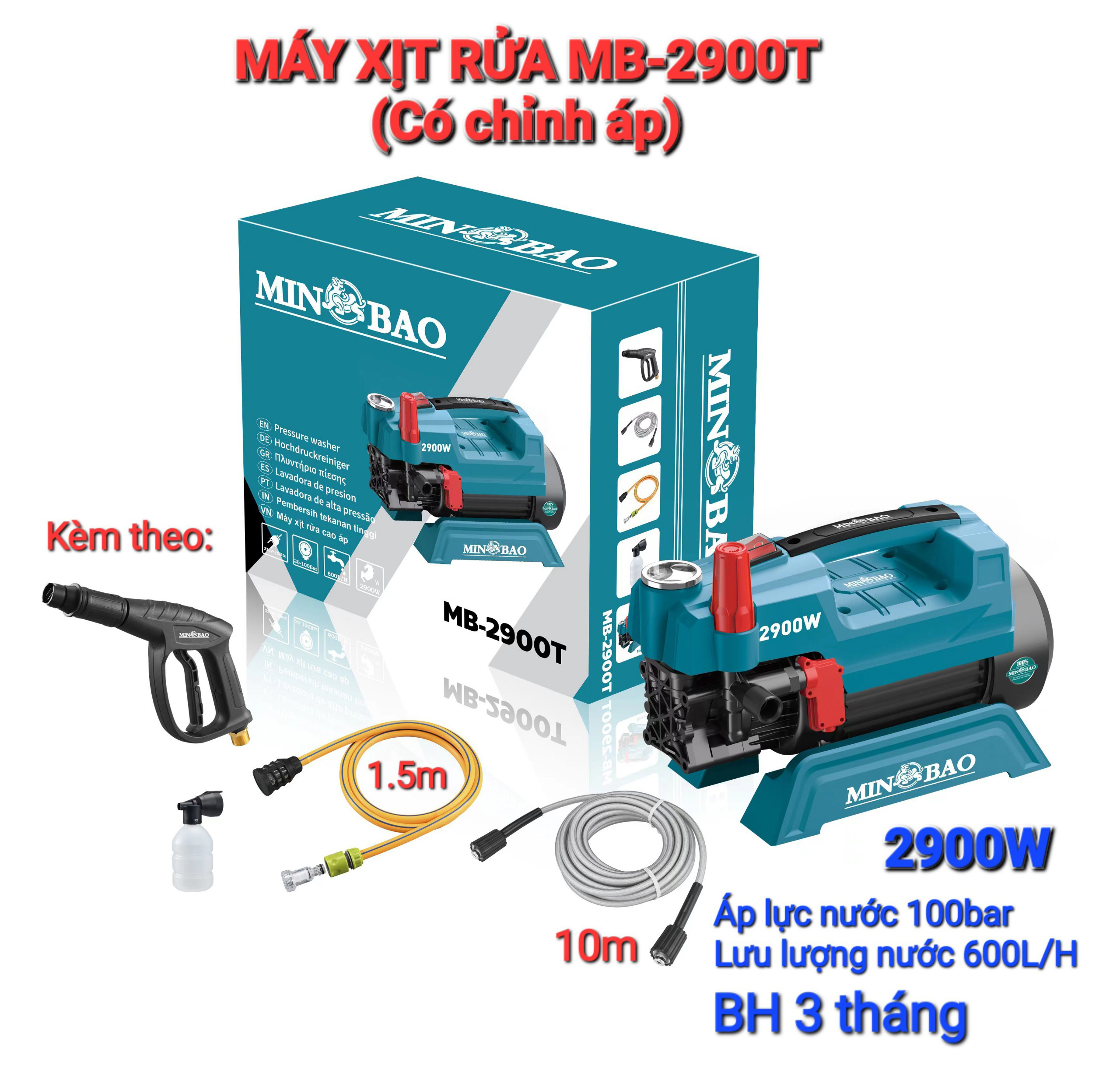 Máy xịt rửa xe chỉnh áp MINBAO - MB-2900T