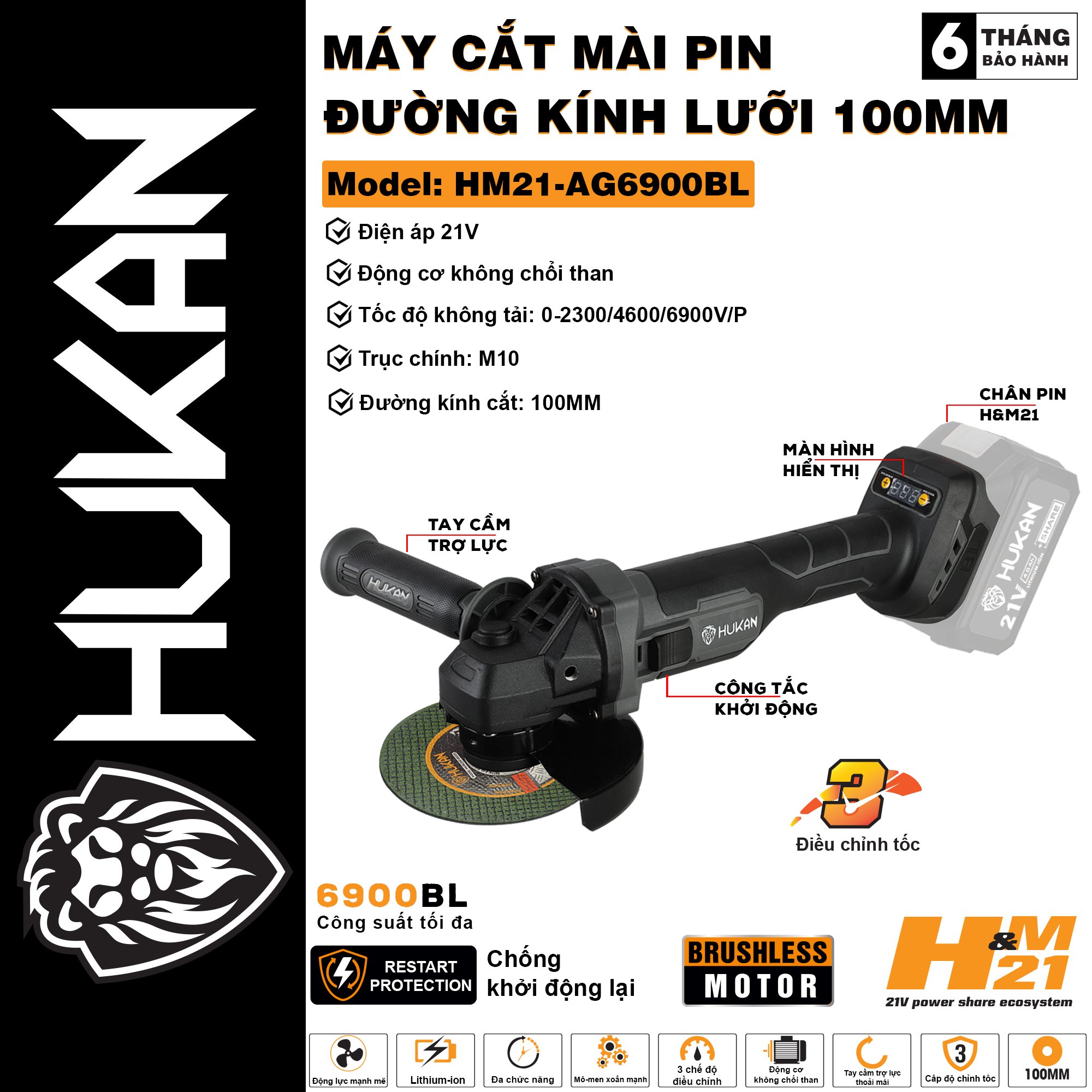 Thân Máy Mài Góc Dùng Pin HUKAN - HM21-AG6900BL