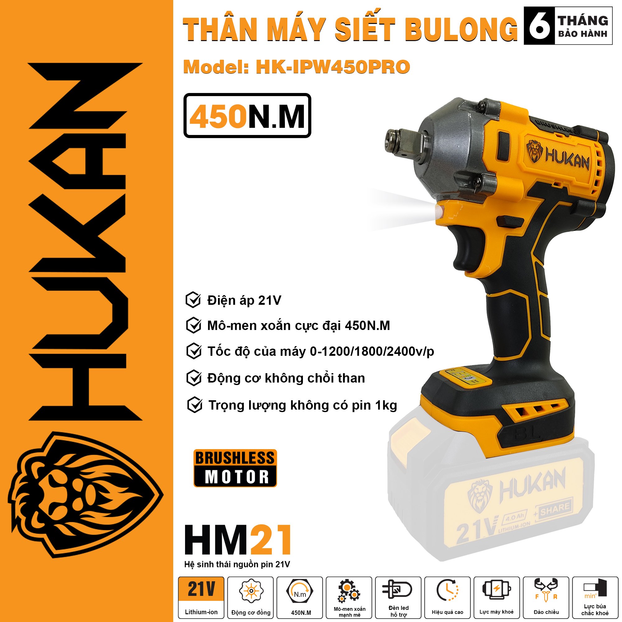 Thân Máy Siết Bulong Pin HUKAN - BODYHK-IPW450PRO