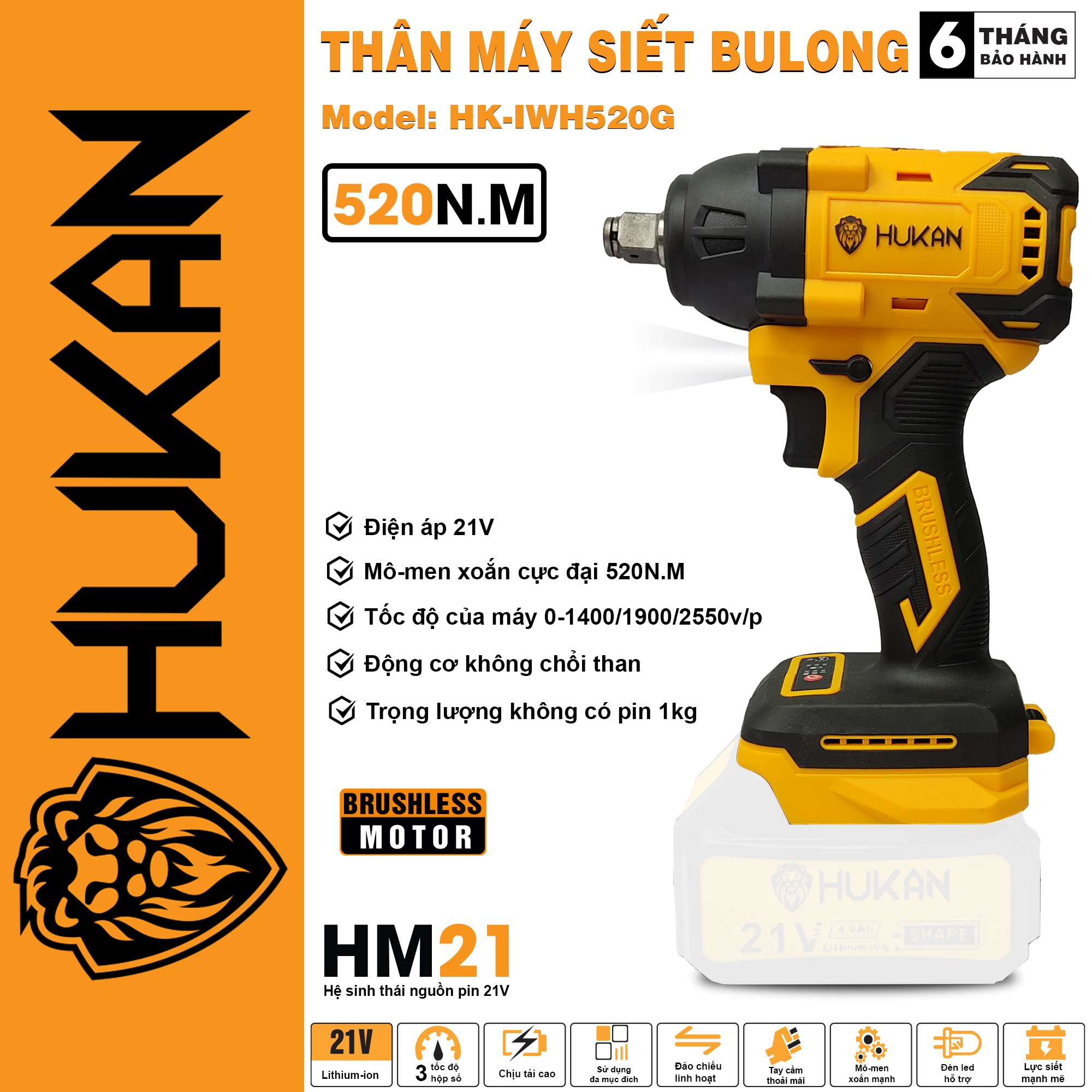 Thân Máy Siết Bulong Pin HUKAN - BODYHK-IWH520G
