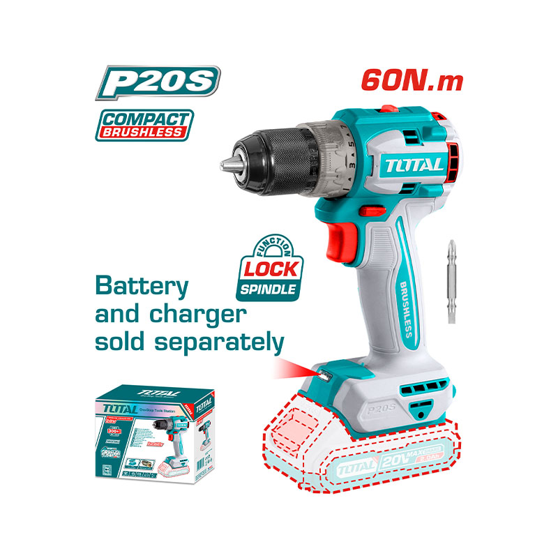 Máy khoan không chổi than dùng Pin Lithium-Ion 20V (không kèm Pin & sạc) TOTAL - TDLI206021
