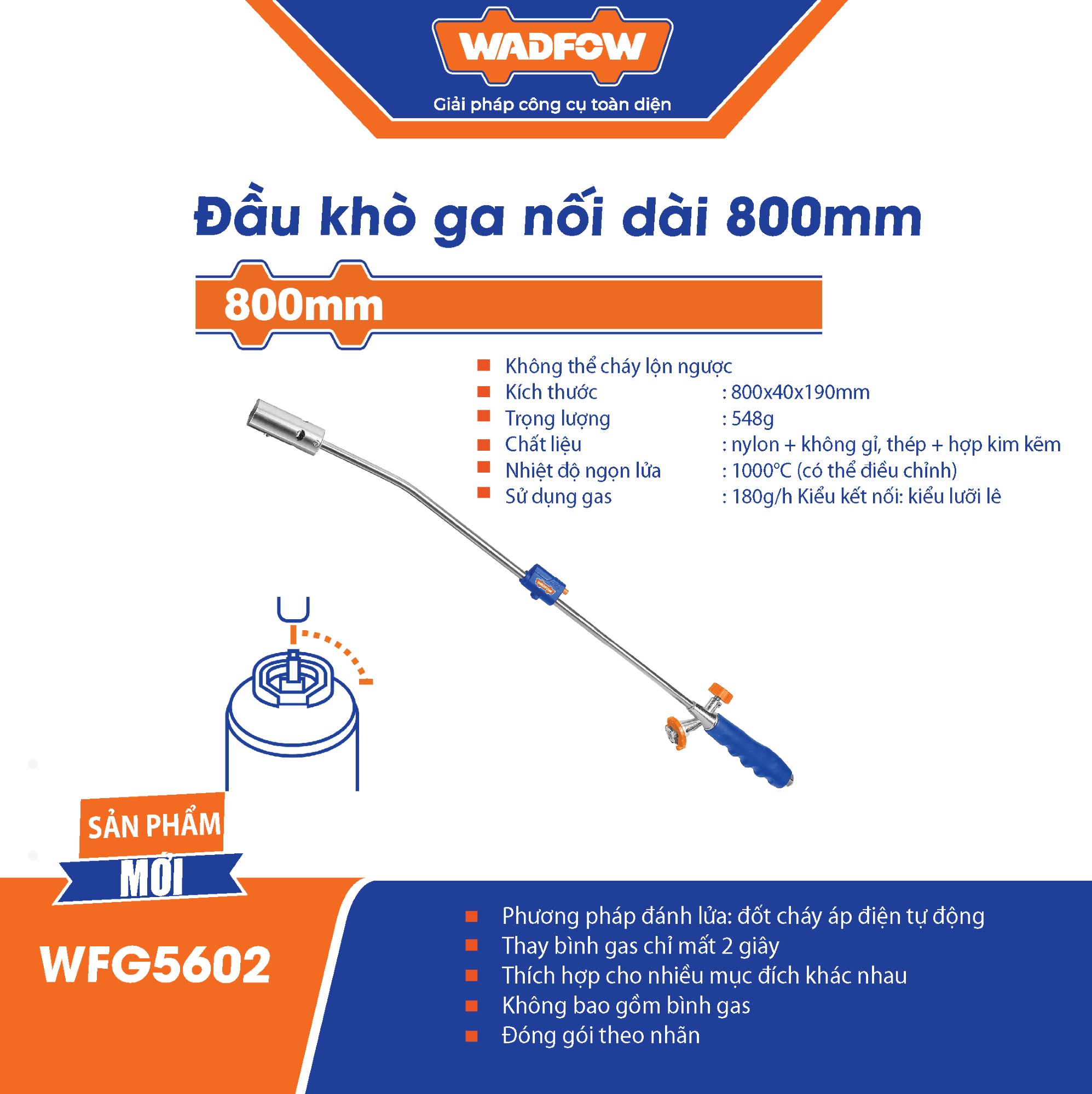 Đầu khò gas nối dài 800mm WADFOW - WFG5602