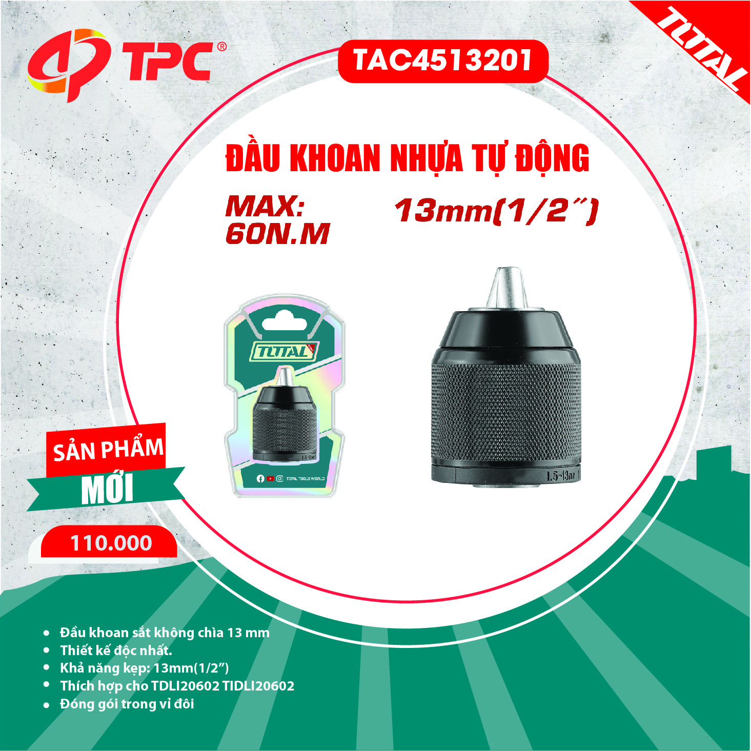 Đầu khoan nhựa tự động 13mm TOTAL - TAC4513201