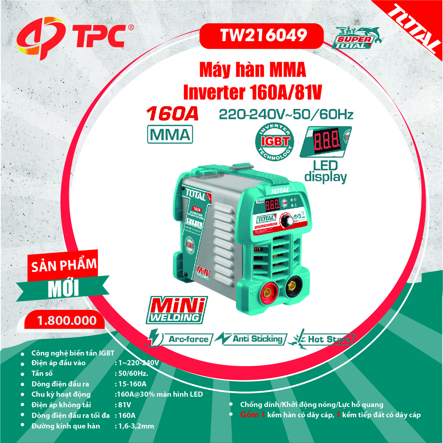 Máy hàn MMA Inverter 160A/81V TOTAL - TW216049