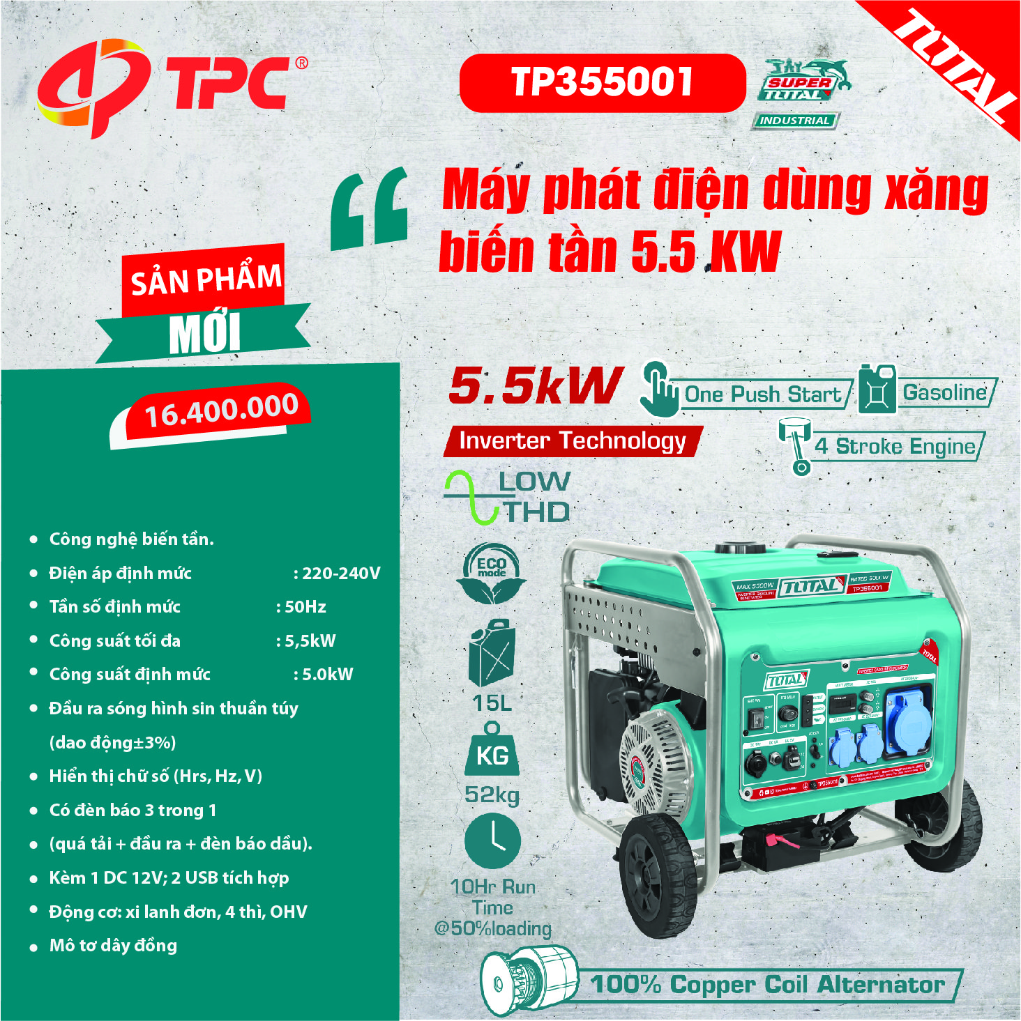 Máy phát điện dùng xăng biến tần 5.5KW TOTAL - TP355001