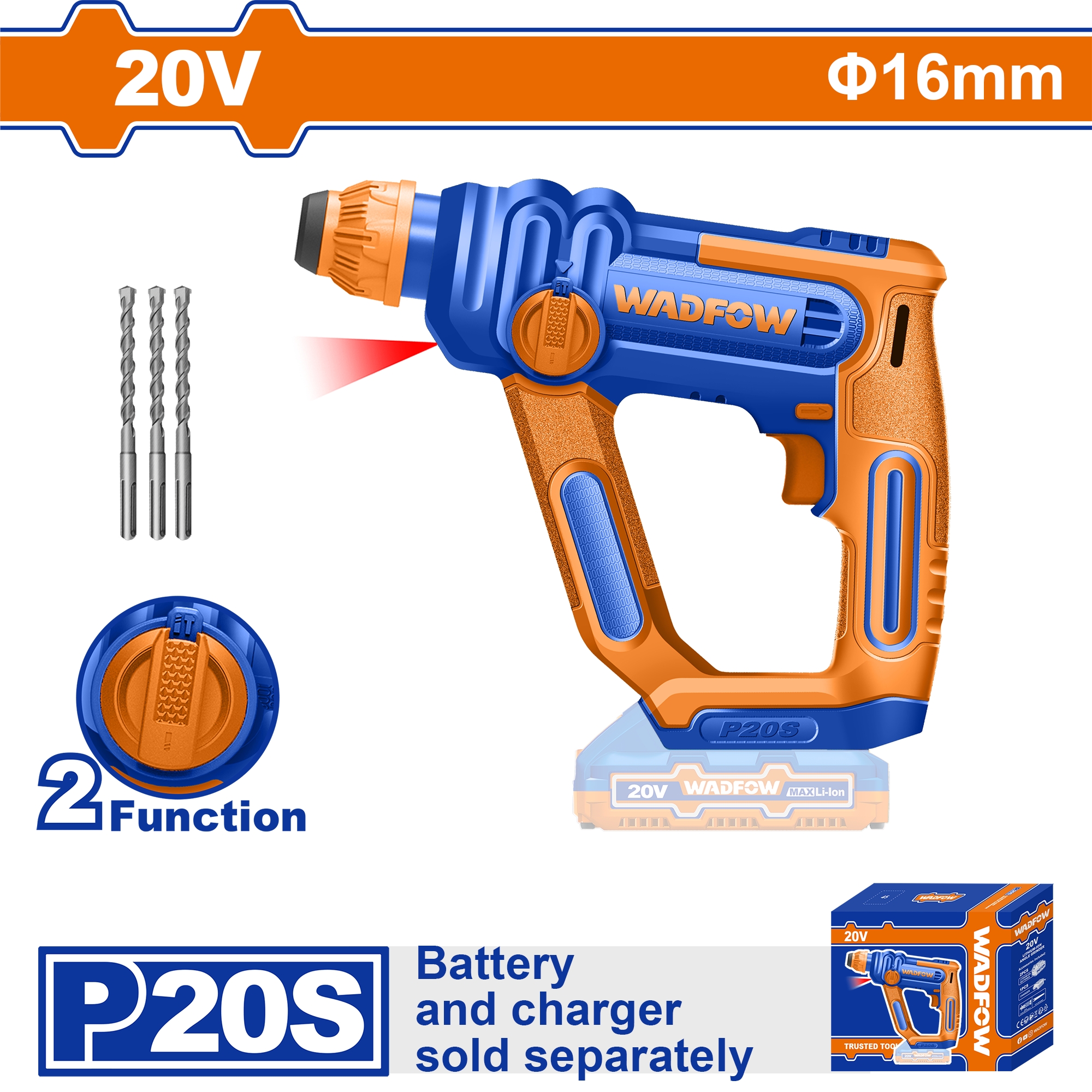 Máy khoan đục bê tông dùng pin 20V-16mm (không kèm pin sạc) WADFOW - WLM1516