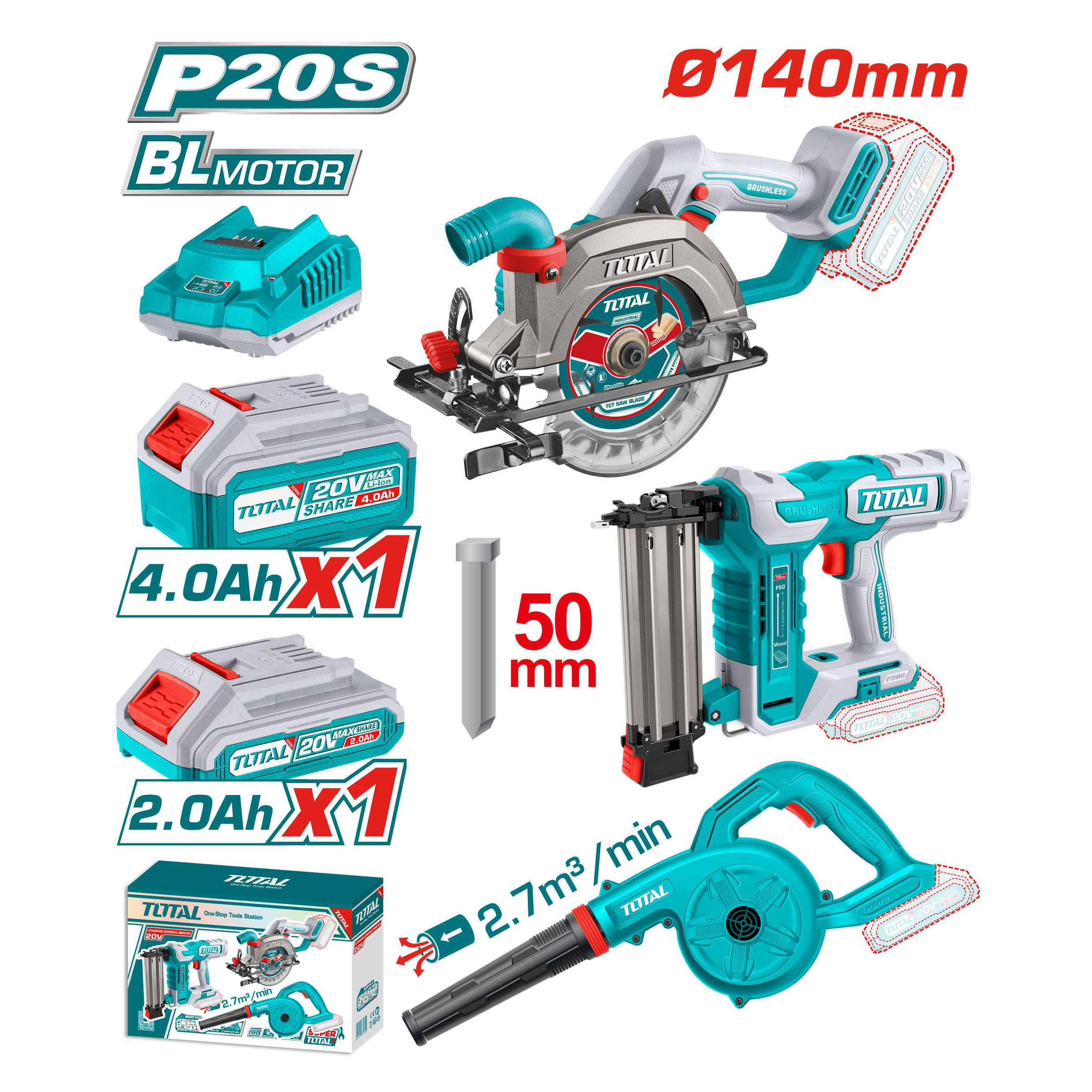 Bộ combo máy cưa đĩa tròn không chổi than TSLI1402 & máy thổi bụi TABLI20028 & máy bắn đinh TBNLI5005 dùng pin 20V - TOTAL - TOSLI240683