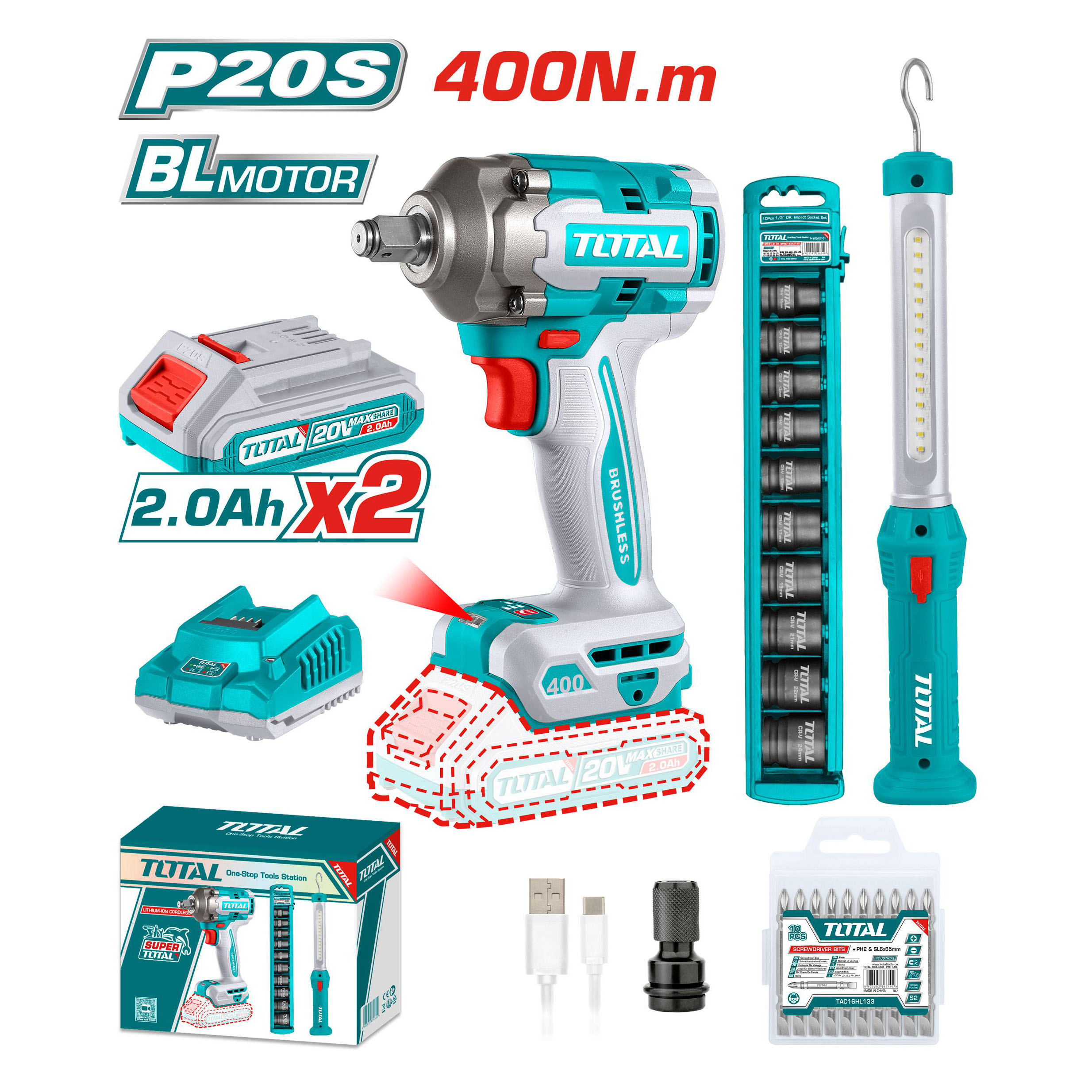 Bộ combo máy siết buloong không chổi than TIWLI2040 & dèn làm việc TWLI35261 dùng pin 20V - TOTAL - TOSLI23048