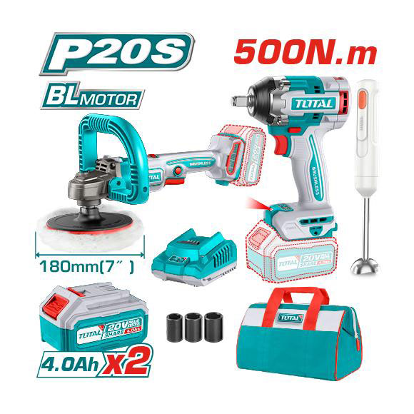 Bộ combo máy siết buloong TIWLI2050 & máy đánh bóng TAPLI2018 không chổi than dùng pin 20V & máy xay cầm tay TJB037T dùng pin - TOTAL - TOSLI240686