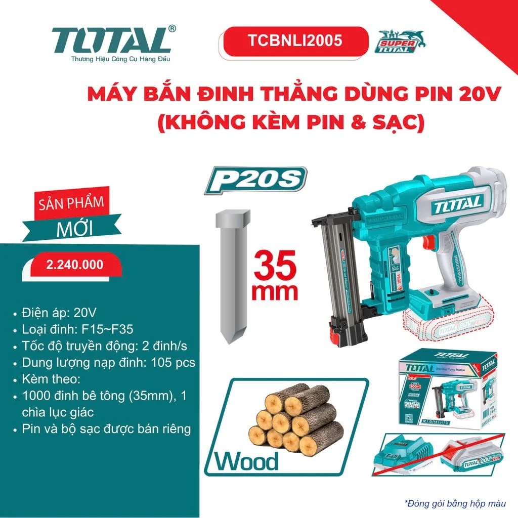 Máy bắn đinh thẳng dùng pin 20V (không kèm pin & sạc) - TOTAL - TCBNLI2005