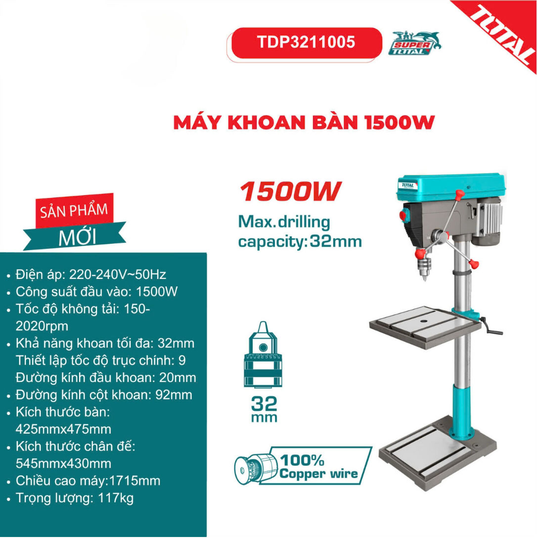 Máy khoan bàn 1500W TOTAL - TDP3211005
