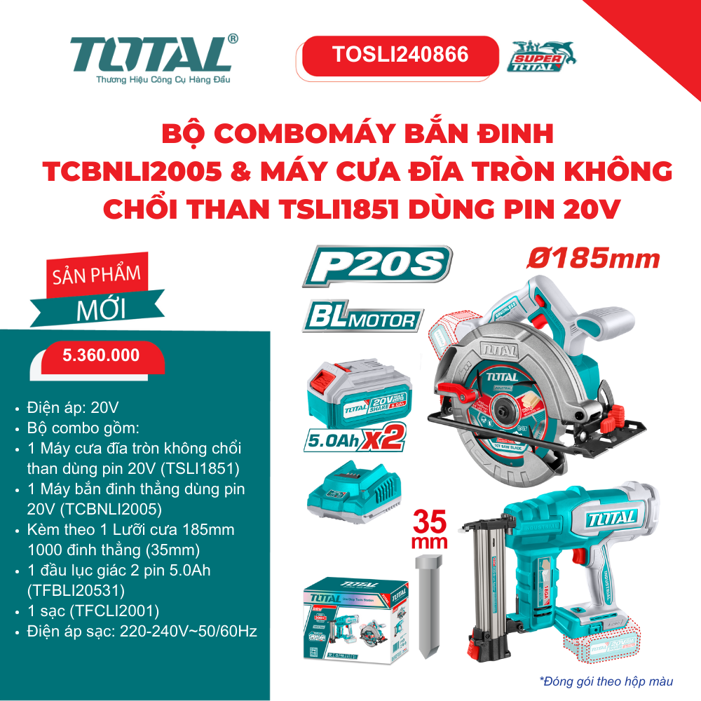 Bộ combo máy bắn đinh TCBNLI2005 & máy cưa đĩa tròn không chổi than TSLI1851 dùng pin 20V TOTAL - TOSLI240866