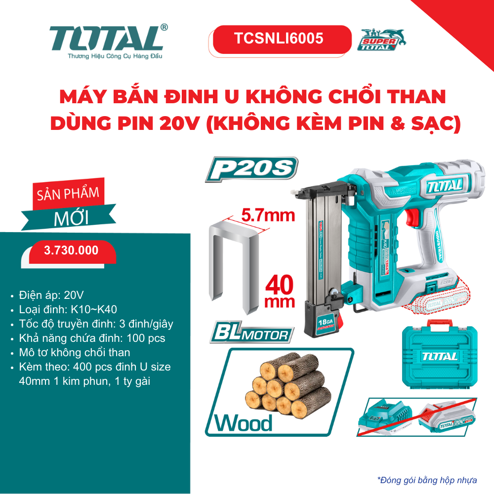 Máy bắn đinh U không chổi than dùng pin 20V (không kèm pin & sạc) TOTAL - TCSNLI6005