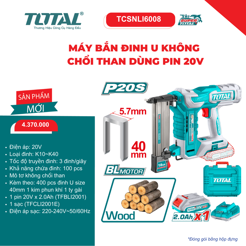 Máy bắn đinh U không chổi than dùng pin 20V TOTAL - TCSNLI6008