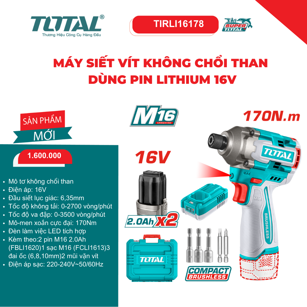Máy siết vít dùng pin Lithium 8V (không kèm sạc) TOTAL - TIRLI16178