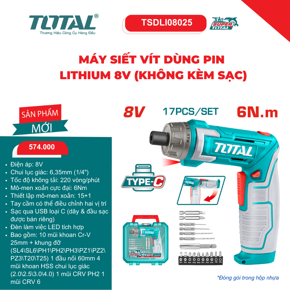 Máy siết vít dùng pin Lithium 8V (không kèm sạc) TOTAL - TSDLI08025