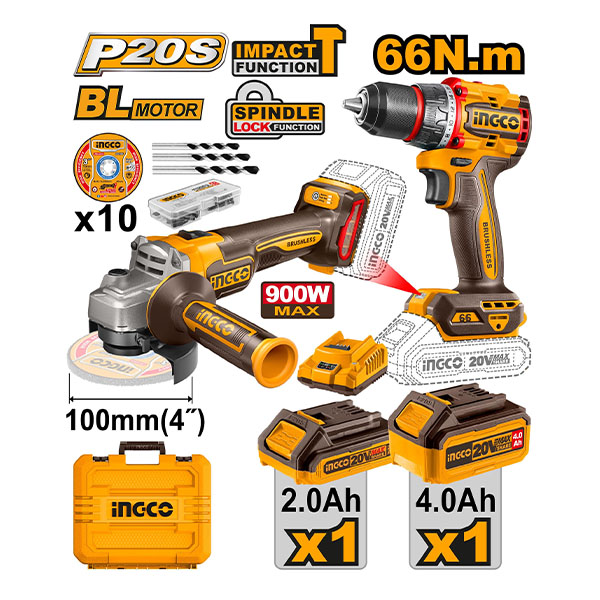 Bộ combo máy mài góc (CAGLI21104) & Máy khoan búa (CIDLI206681) dùng pin 20V INGCO - CKLI2027310