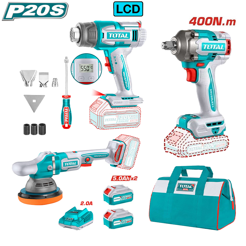 Bộ combo máy thổi nhiệt TBLI2003 & máy đánh bóng TAPLI2015 & máy siết buloong TIWLI20401 không chổi than dùng pin 20V TOTAL - TOSLI240863