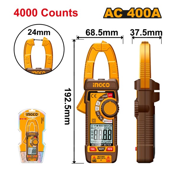 Đồng hồ kẹp kỹ thuật số AC 400A-4000 số đếm INGCO - DCM62001