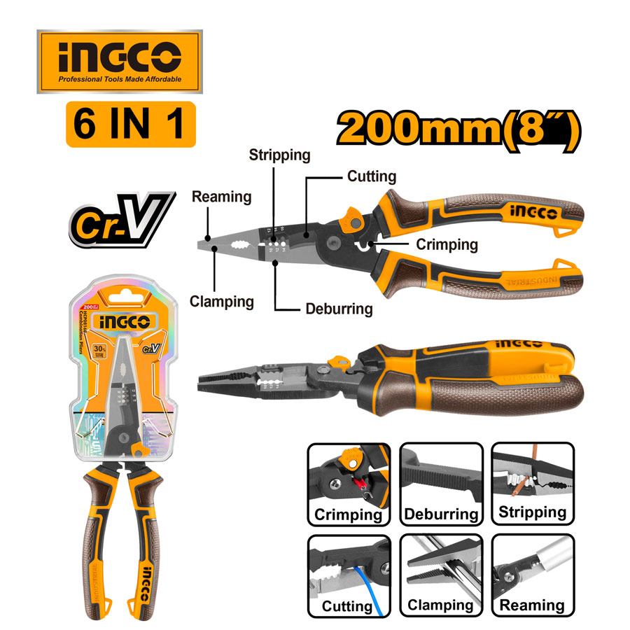 Kìm mũi dài đa năng 6 trong 1 cao cấp 8"/200mm INGCO - HMFLNP28200