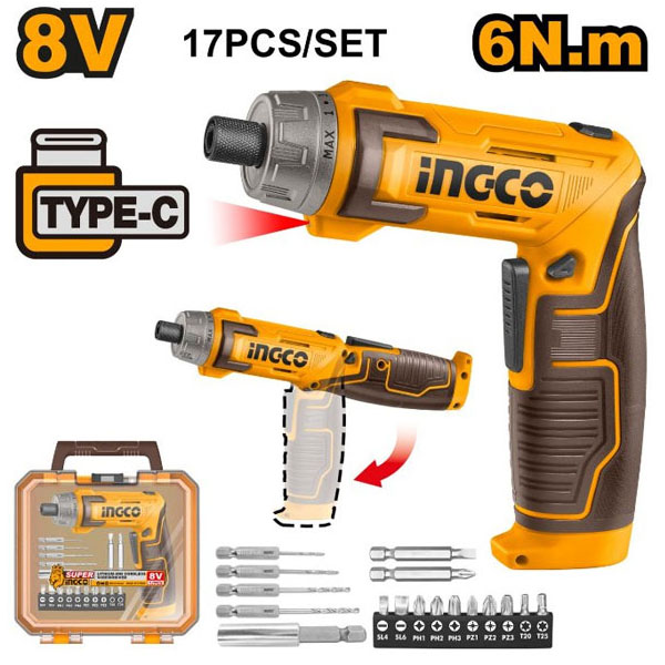 Máy siết vít dùng pin 8V-6Nm (kèm 17 phụ kiện và không kèm cáp sạc) INGCO - CSDLI08025