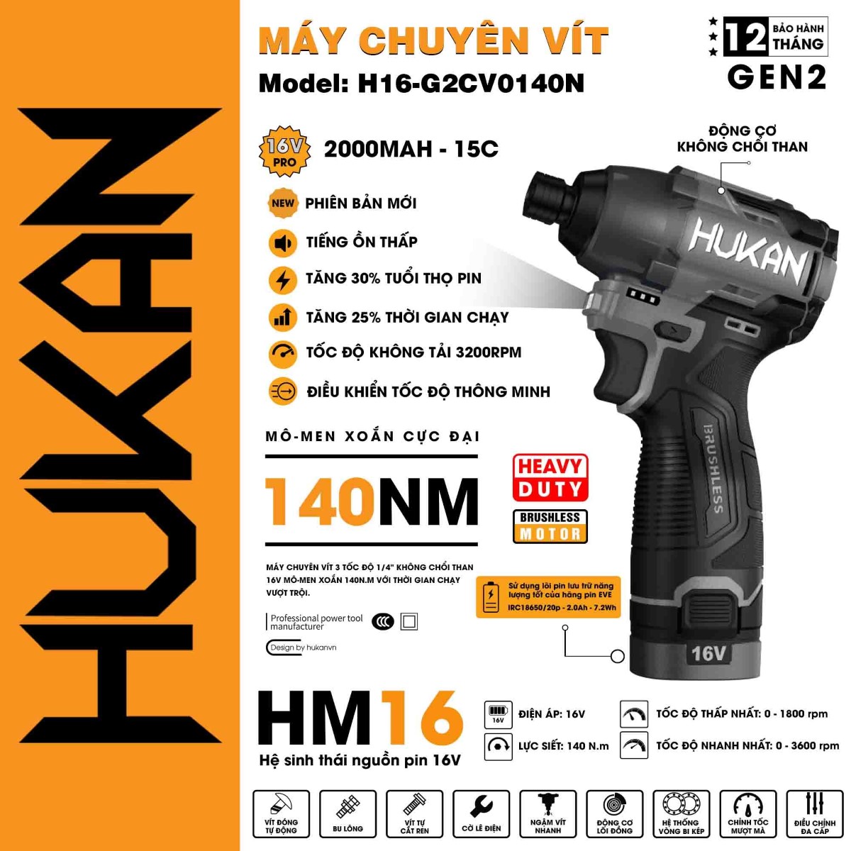 Máy Chuyên Vít HUKAN - H16-G2CV0140N