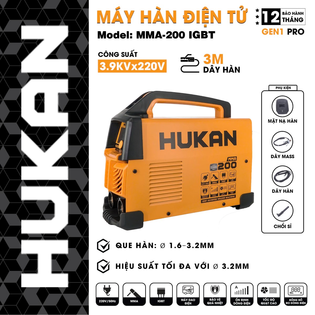 Máy hàn điện tử HUKAN MMA-200 IGBT New