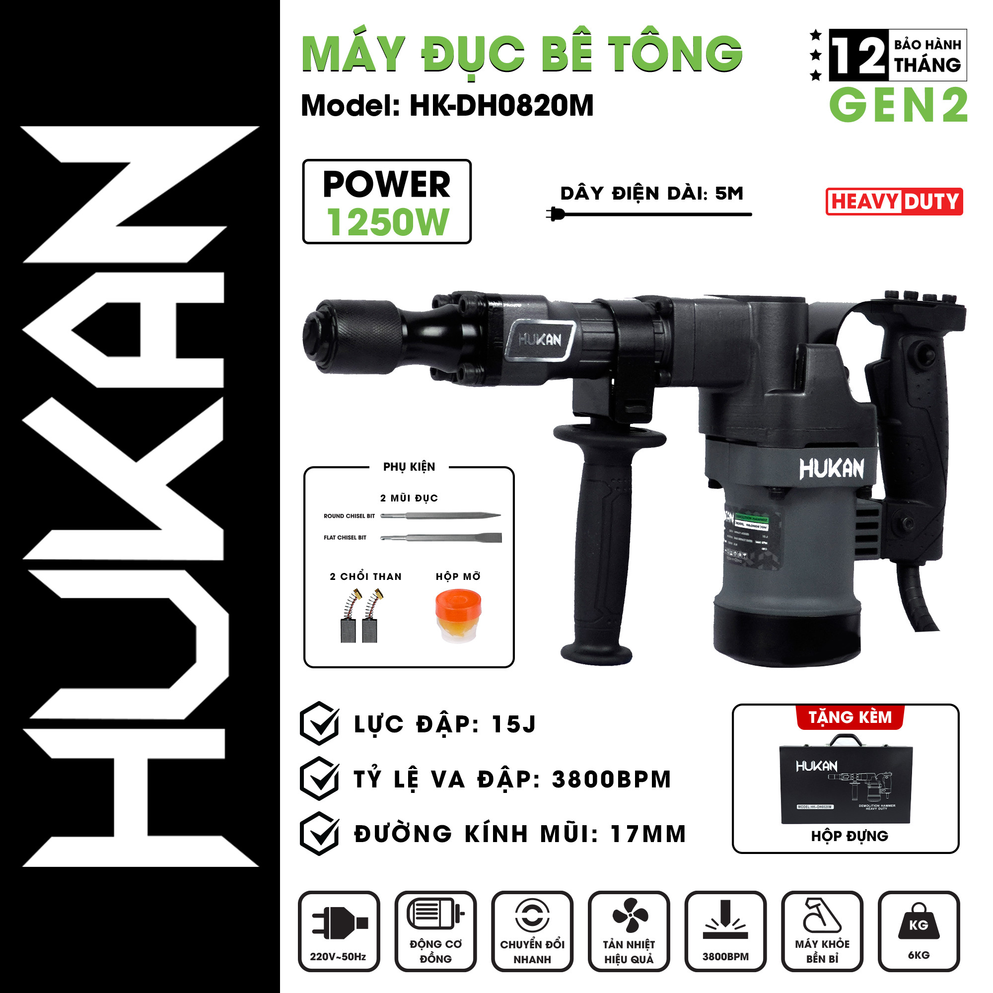 Máy khoan đục bê tông Hukan/DH0820M, 1200W-220V