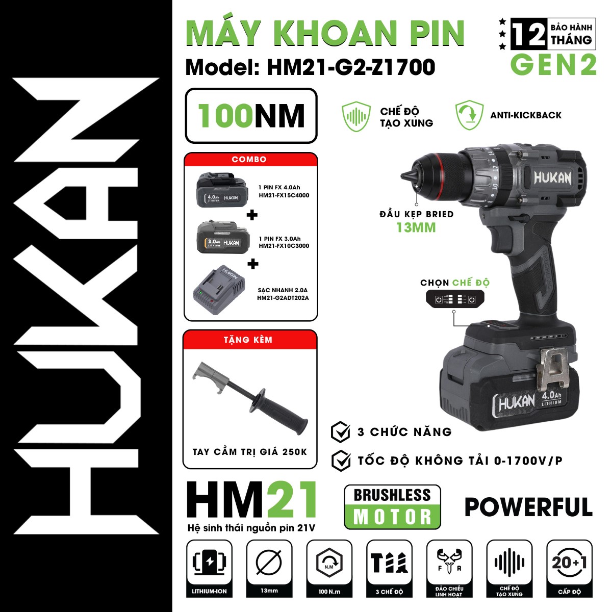 Máy khoan Pin HUKAN 13mm HM21-G2-Z1700