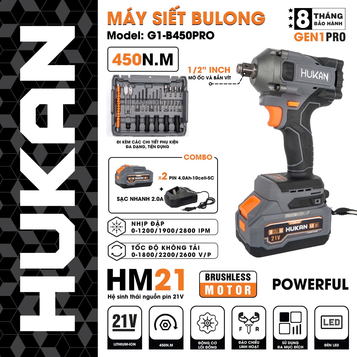 Máy Siết Bulong Pin Đầu 1/2 (Gen1 Pro) HUKAN - G1-B450PRO