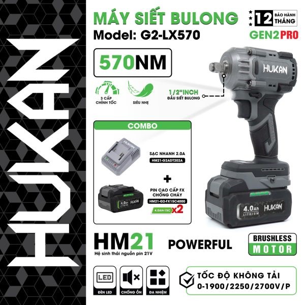 Máy Siết Bulong Pin (Đầu 1/2) HUKAN - G2-LX570