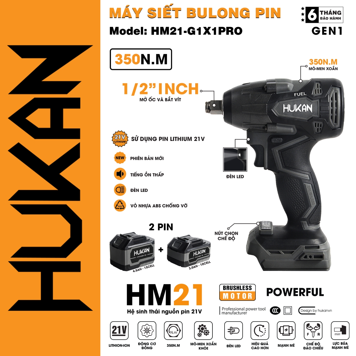 Máy Siết Bulong Pin (Đầu 2 Trong 1) HUKAN - HM21-G1X1PRO