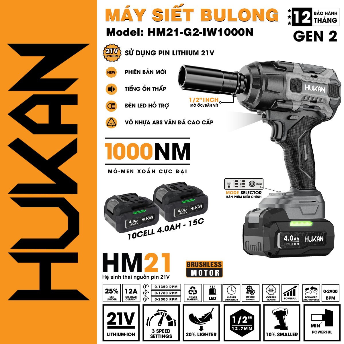 Máy Siết Bulong Pin (Gen 2) HUKAN - HM21-G2-IW1000N