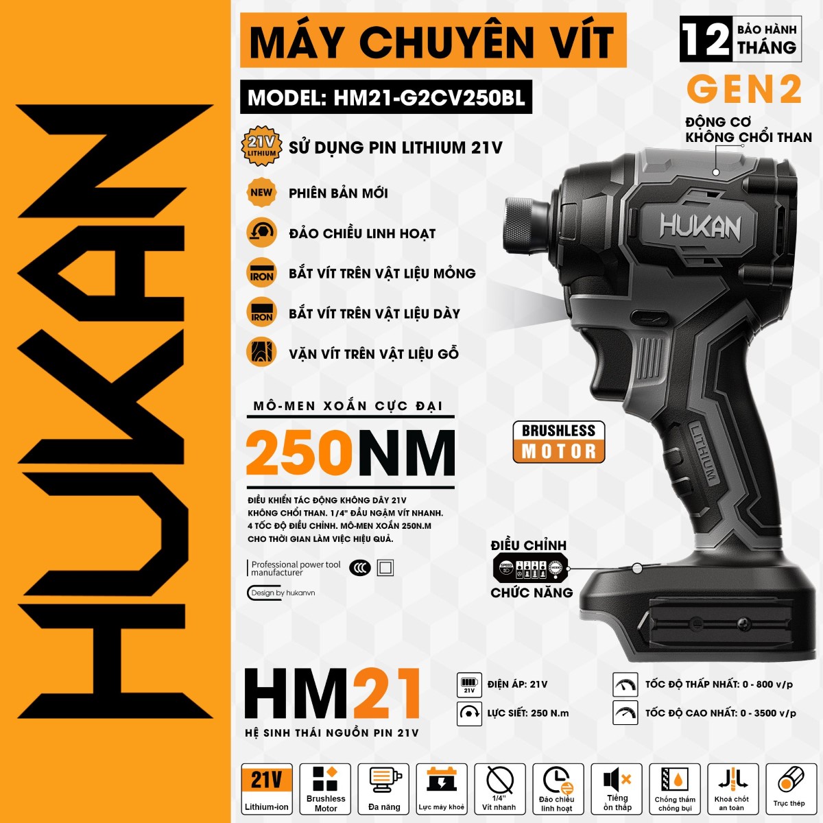 Thân Máy Chuyên Vít HUKAN - BODY HM21-G2CV250BL