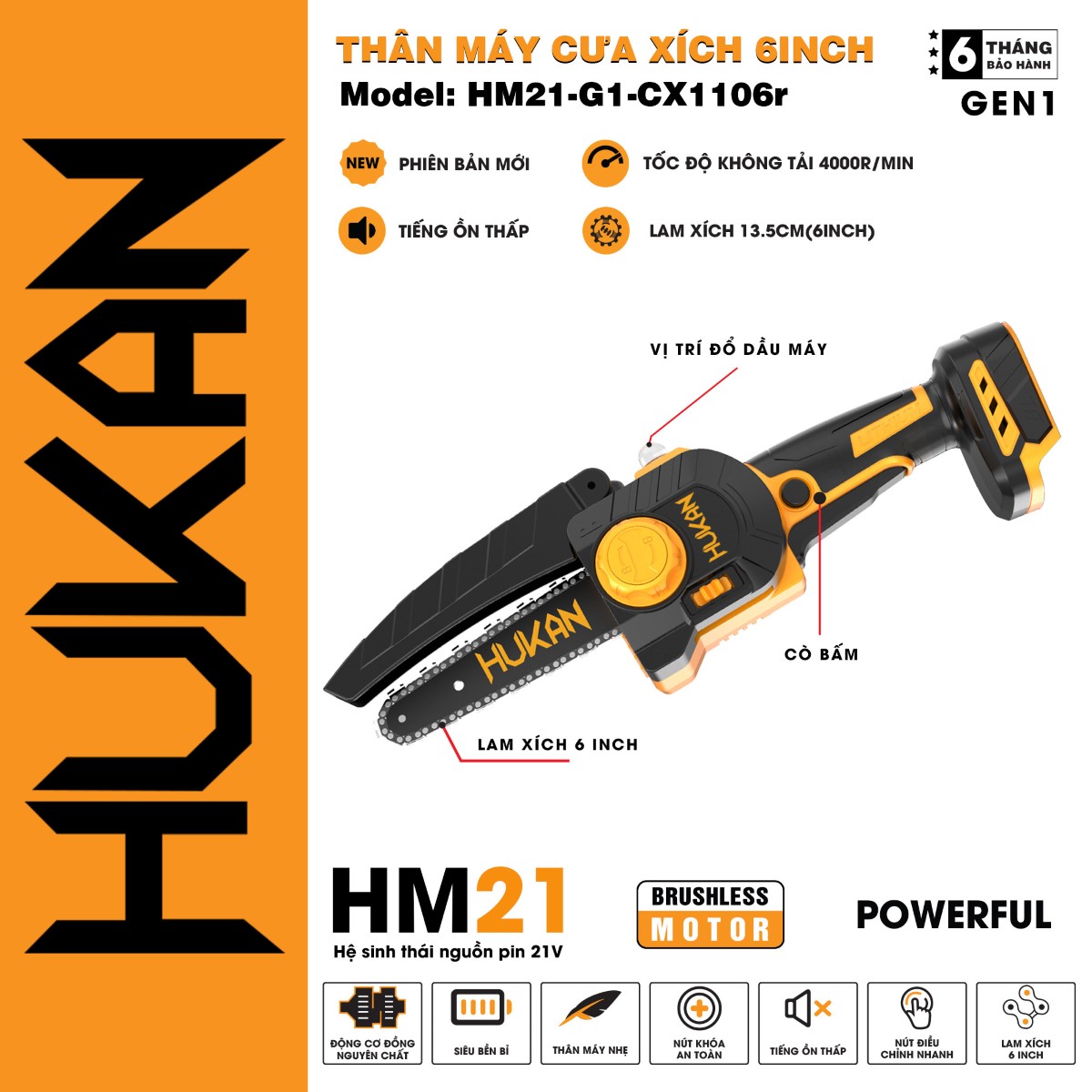 Thân máy cưa xích dùng Pin HUKAN BODY-HM21-G1-CX1106R
