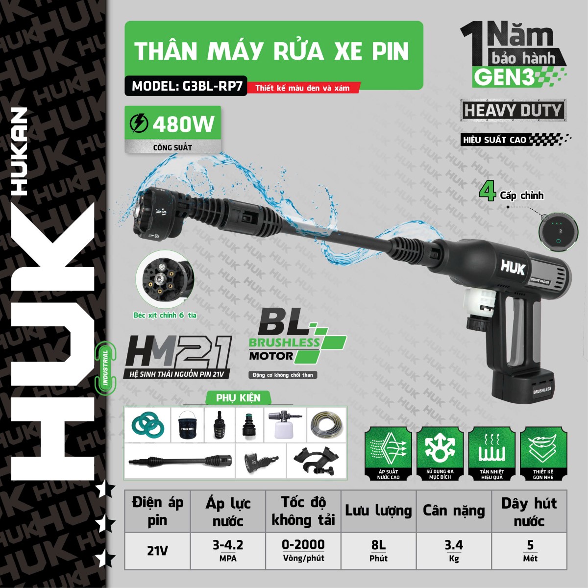 Thân máy rửa xe Pin 21V Hukan HM21-G3BL-RP7