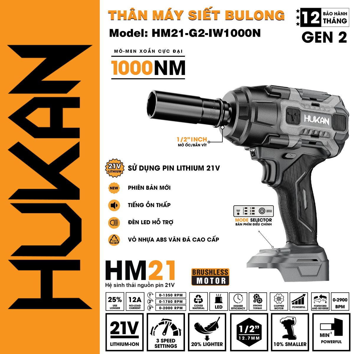 Thân Máy Siết Bulong Pin HUKAN - BODY HM21-G2-IW1000N