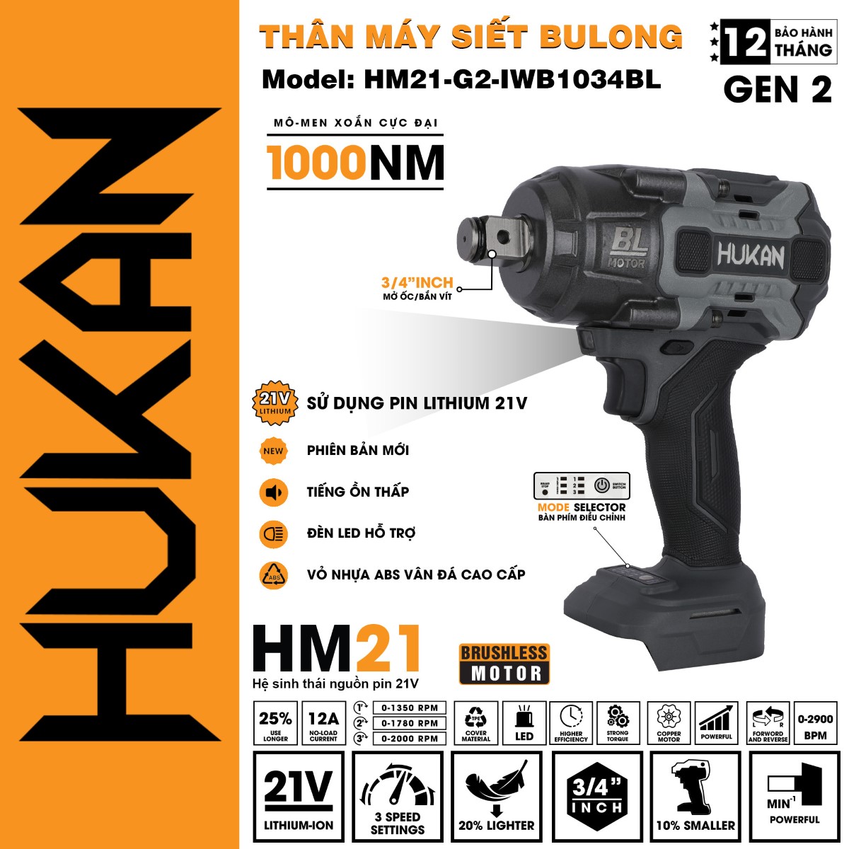 Thân Máy Siết Bulong Pin HUKAN - BODY HM21-G2-IWB1034BL